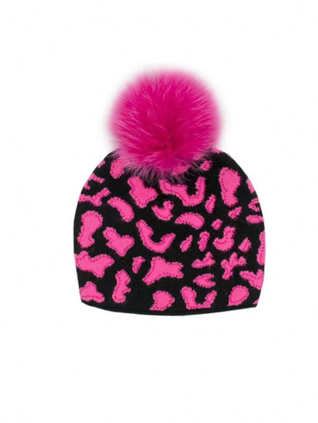 Hot Pink & Black Hat in Pink Animal with Punch Fox Pom